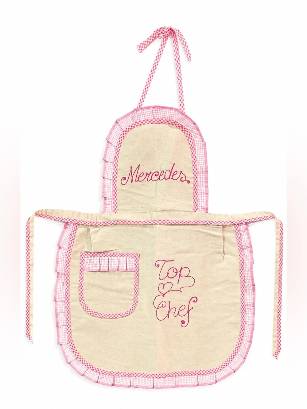 Ricami Veronica Italy Personalized “Mercedes” Top Chef Apron Pink Gingham NWOT